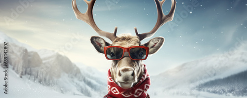 Portrait of reindeer Rudolph with sunglasses. Merry Christmas banner. photo