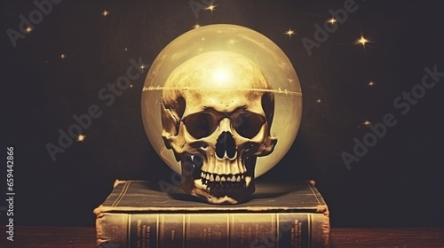 Necromancy books and ancient texts about occultism and witchcraft spells, human skull sphere paperweight, unholy knowledge, macabre still life of death and evil.   