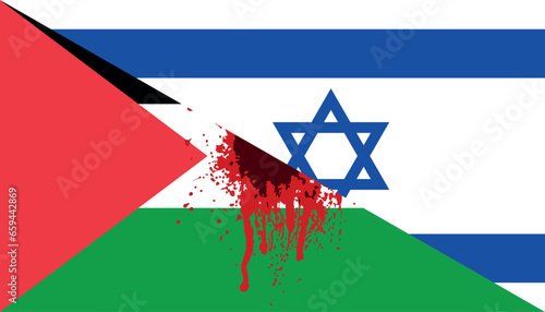Israel and Palestine flags and gunshot wound between them, conflict on Middle East 