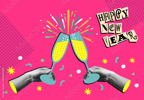 Cheers toast for new year in collage mixed media 90s style illustration