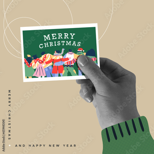 Merry Christmas card hand holding friend photo retro collage illustration