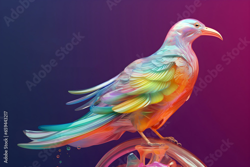 Crystal glossy colorful bird on dark background  crystal bird background  3D bird creative illustration. Generative AI 