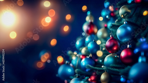 close up decorazioni albero di Natale su sfondo blu photo