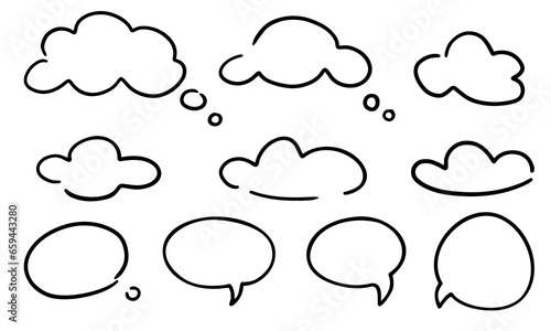 Speech or thought bubbles of different shapes. Thought cloud. Thought bubble icon in trendy hand drawn doodle style design. Vector illustration. Black outline illustrations on a white background