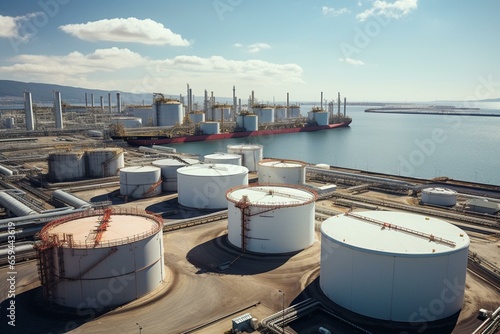 Overhead shot of tankers at a storage terminal in a chemical plant. View of an industrial complex with gas, oil, and hydrogen storage. Wind power in the background. Generative AI