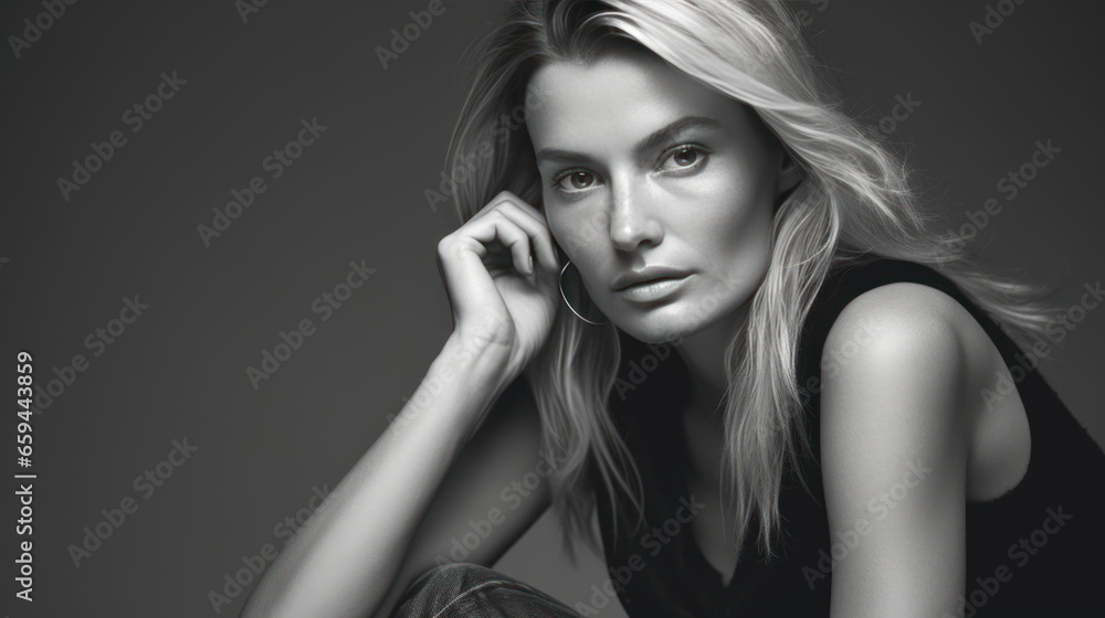 portrait studio noir et blanc d'une femme blonde, une main dans les cheveux portrait studio noir et blanc d'une femme blonde, une main dans les cheveux