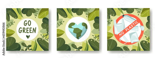 A set of cards on the theme of saving the earth, earth day. No plastic, love the earth, go green. In a frame of leaves. Vector illustration, cartoon flat style.