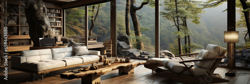 Interior Design, Minimalistic Living room with serene nature view, Beautiful villa design in the forest