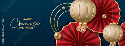 Chinese new year banner with folding fans and lanterns on dark blue background.