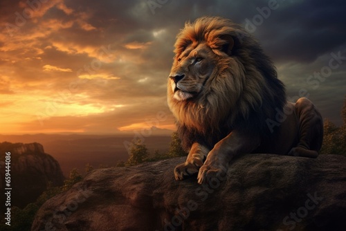 Image of a majestic lion against a beautiful sunset. Generative AI