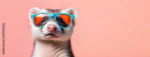 Ferret in sunglass shade on a solid uniform background  editorial advertisement  commercial. Creative animal concept. With copy space for your advertisement