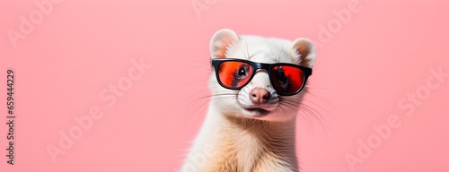 Ferret in sunglass shade on a solid uniform background, editorial advertisement, commercial. Creative animal concept. With copy space for your advertisement