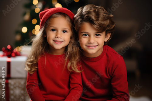 Two cute kids boy and girl in red sweatshirts on blurry Christmas background.