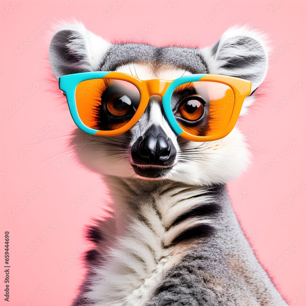 Lemur in sunglass shade on a solid uniform background, editorial advertisement, commercial. Creative animal concept. With copy space for your advertisement