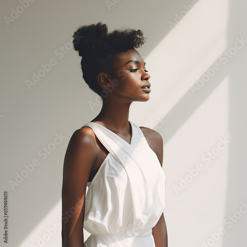 African-American woman posing for the camera in a white outfit