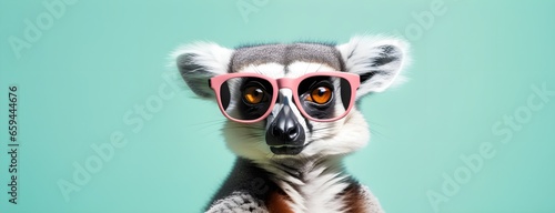 Lemur in sunglass shade on a solid uniform background  editorial advertisement  commercial. Creative animal concept. With copy space for your advertisement