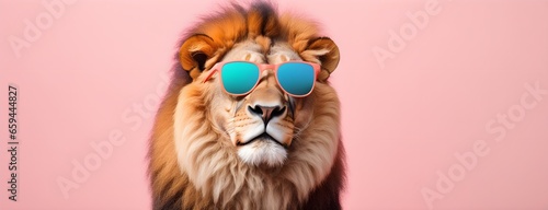 Lion in sunglass shade on a solid uniform background  editorial advertisement  commercial. Creative animal concept. With copy space for your advertisement