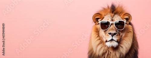 Lion in sunglass shade on a solid uniform background, editorial advertisement, commercial. Creative animal concept. With copy space for your advertisement © 360VP