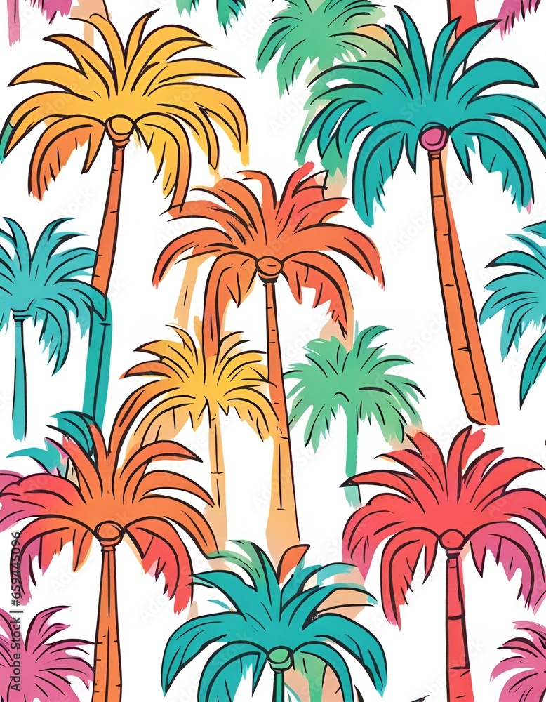 Drawn pattern of multicolored palm trees