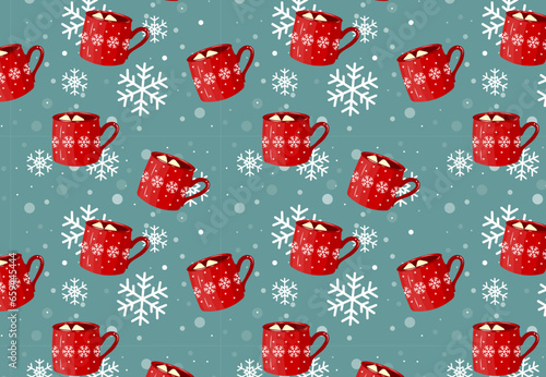 seamless pattern with red cups Christmas holiday coffee mug. Cocoa with marshmallows, winter warming drinks and hot espresso cup. Xmas hot chocolate mugs or winter cappuccino and latte cups.