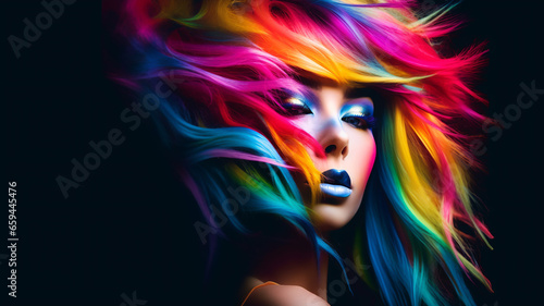 Colorful banner with beautiful woman with wavy multicolored hair in rainbow colors on black background. Hair salon beauty shop banner template. Cosmetics fashion concept