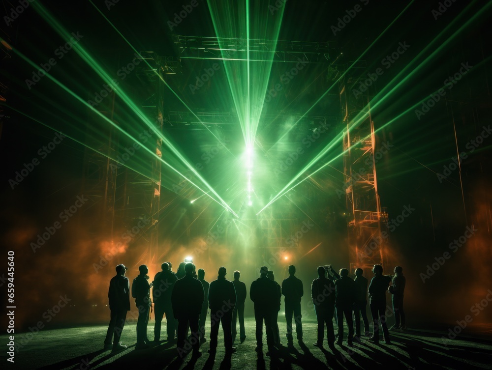 A mesmerizing laser light show brings a crowd of people together under the starry night sky, as they eagerly await the outdoor stage performance with anticipation and excitement