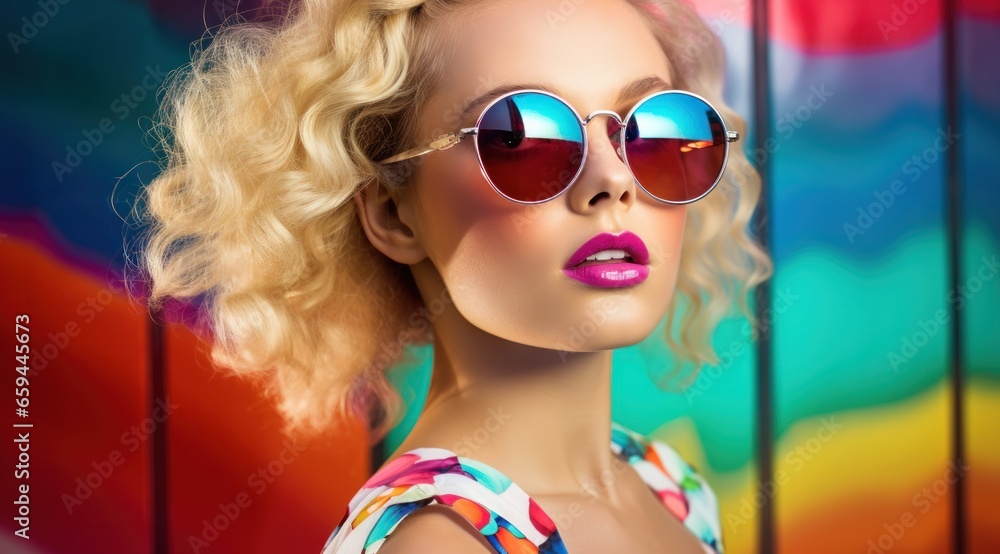 A fashionable blonde girl exudes confidence as she sports stylish sunglasses, complemented by a pop of pink lipstick, while donning her favorite outdoor accessory - goggles A fashionable blonde girl exudes confidence as she sports stylish sunglasses, complemented by a pop of pink lipstick, while donning her favorite outdoor accessory - goggles