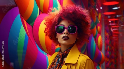 A bold woman donning red locks and tinted shades exudes an eccentric sense of fashion, almost like a playful clown, as she rocks her eclectic wardrobe and goggles with ease