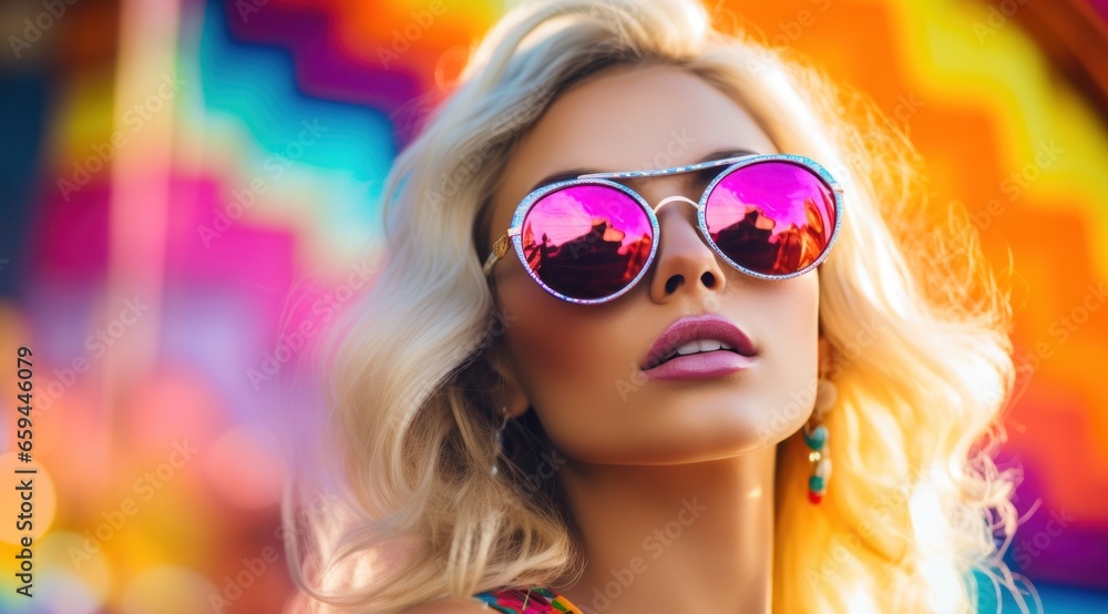 A bold, blond woman exudes confidence and style as she dons vibrant sunglasses, adding a pop of color to her outdoor ensemble, while her glossy lips reflect the sunny rays, embodying the perfect blen
