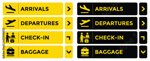 Airport sign isolated on white background. Airport board airline sign, departures, arrivals, check in, baggage information. Vector stock