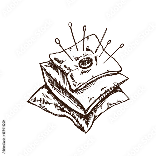 Hand-drawn sketch of pincushion with needles and pins. Handmade, sewing equipment concept in vintage doodle style. Engraving style.