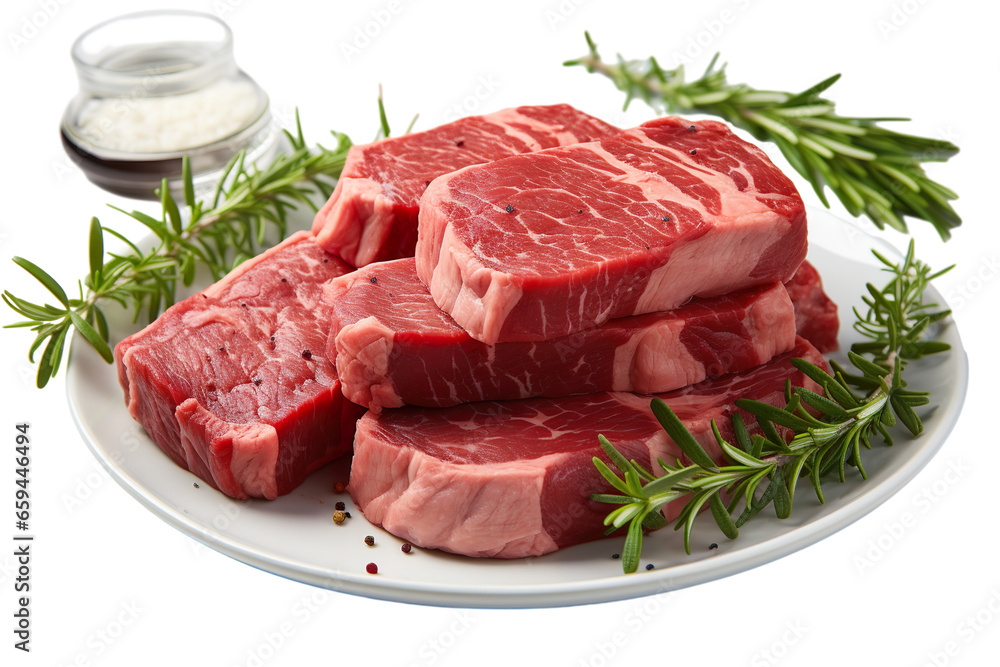 Uncooked beef steaks, starkly contrasting on a white background PNG