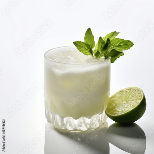 Cocktail with lime and mint on a white background. Isolated