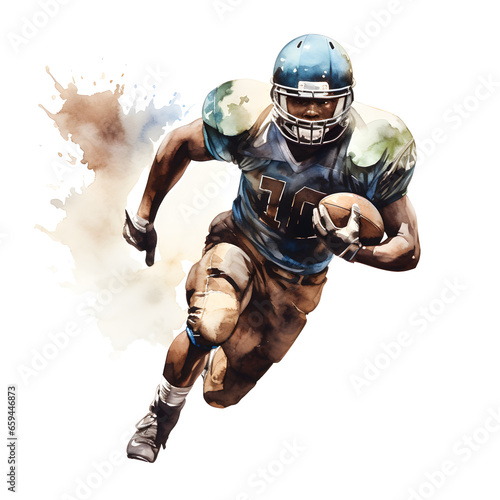 watercolor American football player in action, on white background