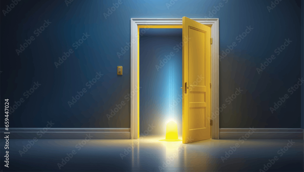 Yellow light inside the open door isolated on blue background Yellow light inside the open door isolated on blue background