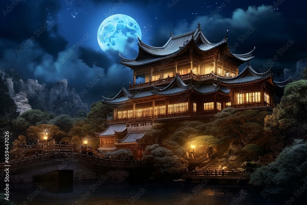 Chinese temple under moonlight. Generative AI
