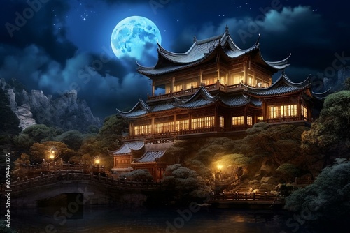 Chinese temple under moonlight. Generative AI © Amaryllis