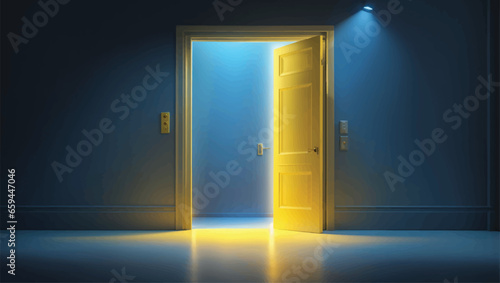 Yellow light inside the open door isolated on blue background