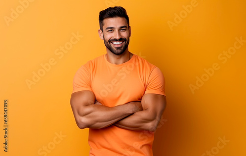 Confident muscular man with a smile crossing arms against a yellow backdrop