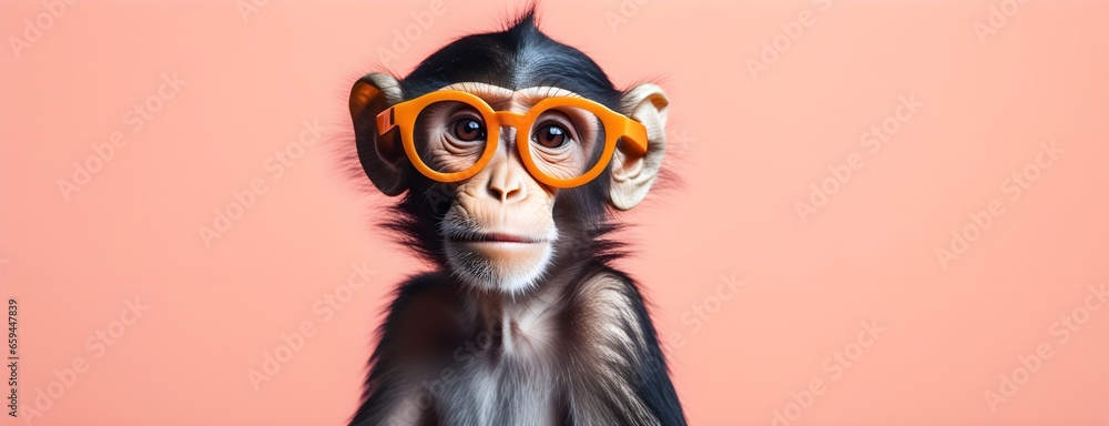 Monkey in sunglass shade on a solid uniform background, editorial advertisement, commercial. Creative animal concept. With copy space for your advertisement