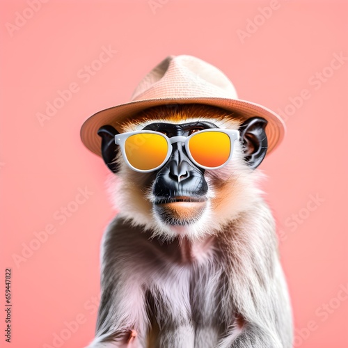 Monkey in sunglass shade on a solid uniform background  editorial advertisement  commercial. Creative animal concept. With copy space for your advertisement