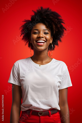 Portrait of a beautiful smiling young black woman wearing a white T shirt. Mockup design on red background