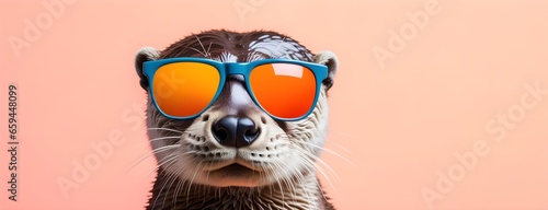 Otter in sunglass shade on a solid uniform background, editorial advertisement, commercial. Creative animal concept. With copy space for your advertisement