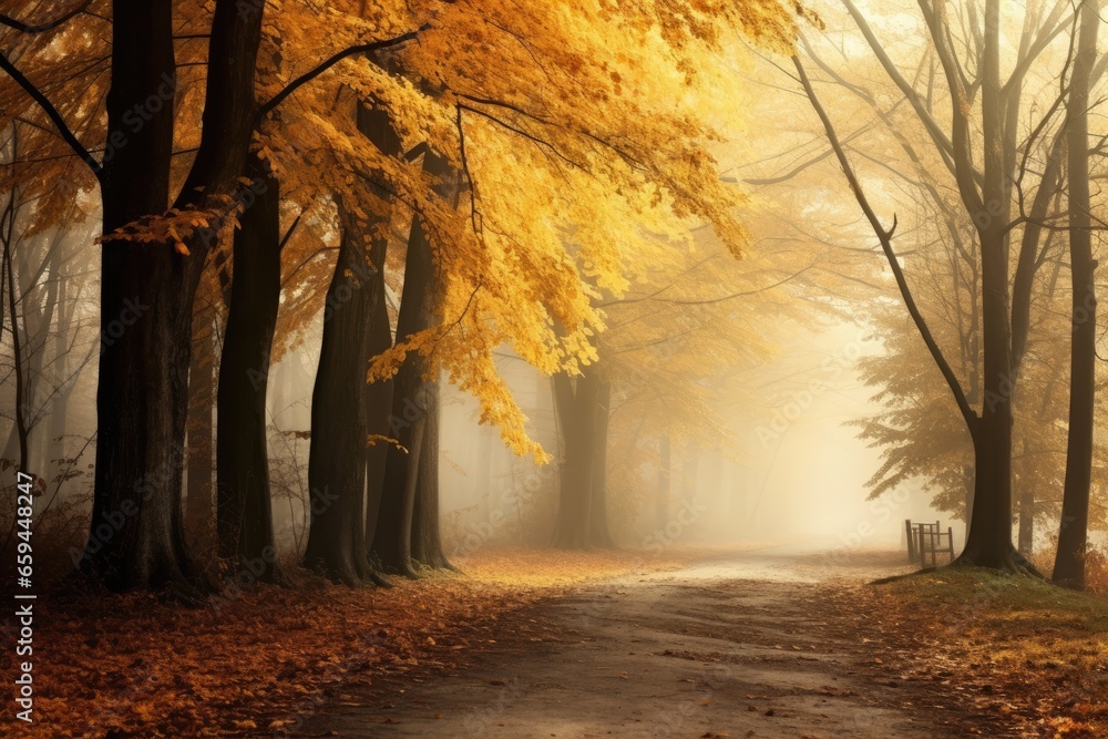 Magic autumn forest with walking path, beautiful autumn landscape.