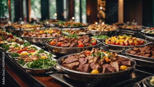 Catering buffet food indoor in restaurant with grilled meat.