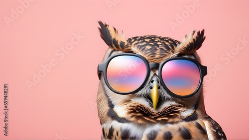 Owl bird in sunglass shade on a solid uniform background, editorial advertisement, commercial. Creative animal concept. With copy space for your advertisement