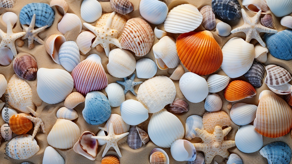 Diverse Seashells on a Sandy Beach - obrazy, fototapety, plakaty 