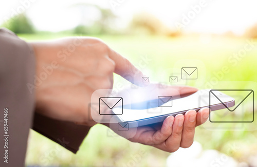 young woman touching on mobile phone New email notification idea for.