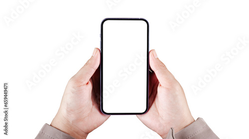 Hands of a businessman holding a telephone isolated on a white background.