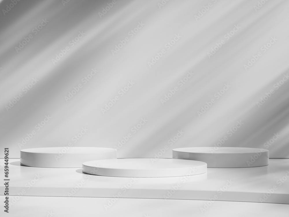 Empty white round podium, modern pedestal and platform, stand stage, cylinder, round empty stages with minimal shadow Empty white round podium, modern pedestal and platform, stand stage, cylinder, round empty stages with minimal shadow